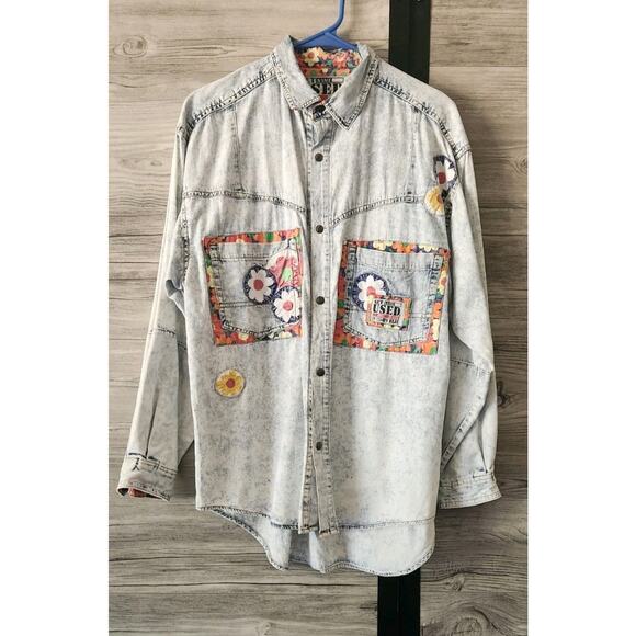 VTG Get Used By Elie Women Medium Distressed Patchwork Floral Denim Shirt Jacket - Picture 1 of 3